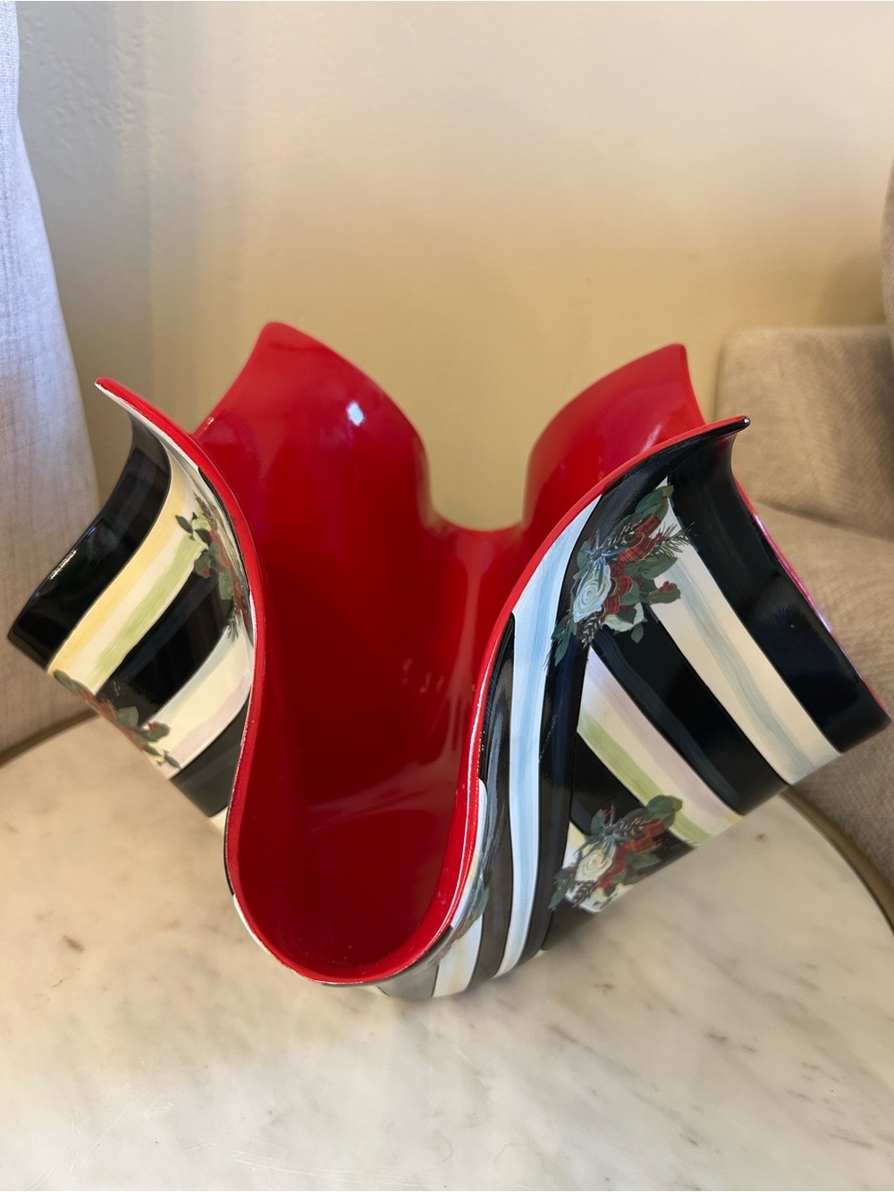 MacKenzie-Childs Red Interior Black-and-White Striped Floral planter